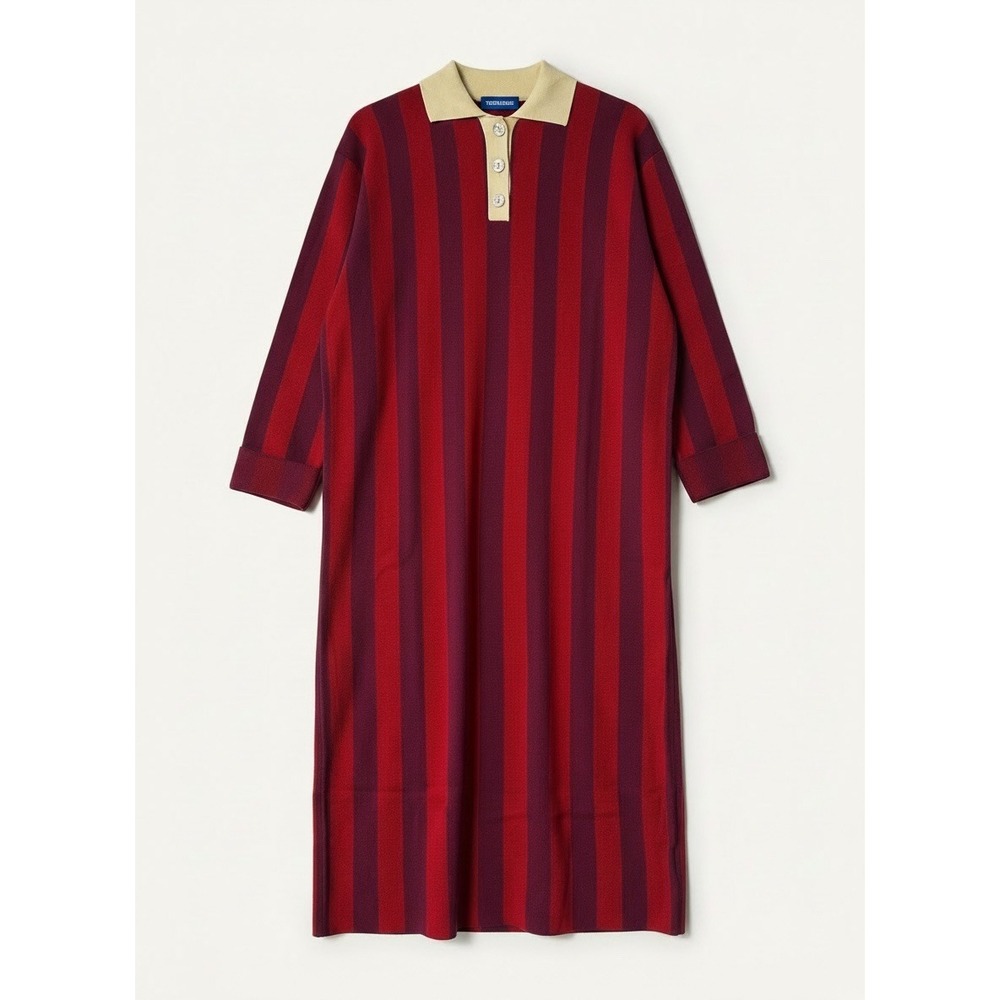 NWT Striped Knit Maxi Sweater Dress Red Violet Polo Collar Cotton Womens L